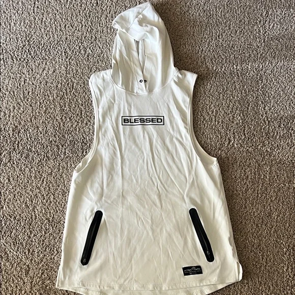 White Sleeveless Hoodie with Black Accents - Picture 1 of 8